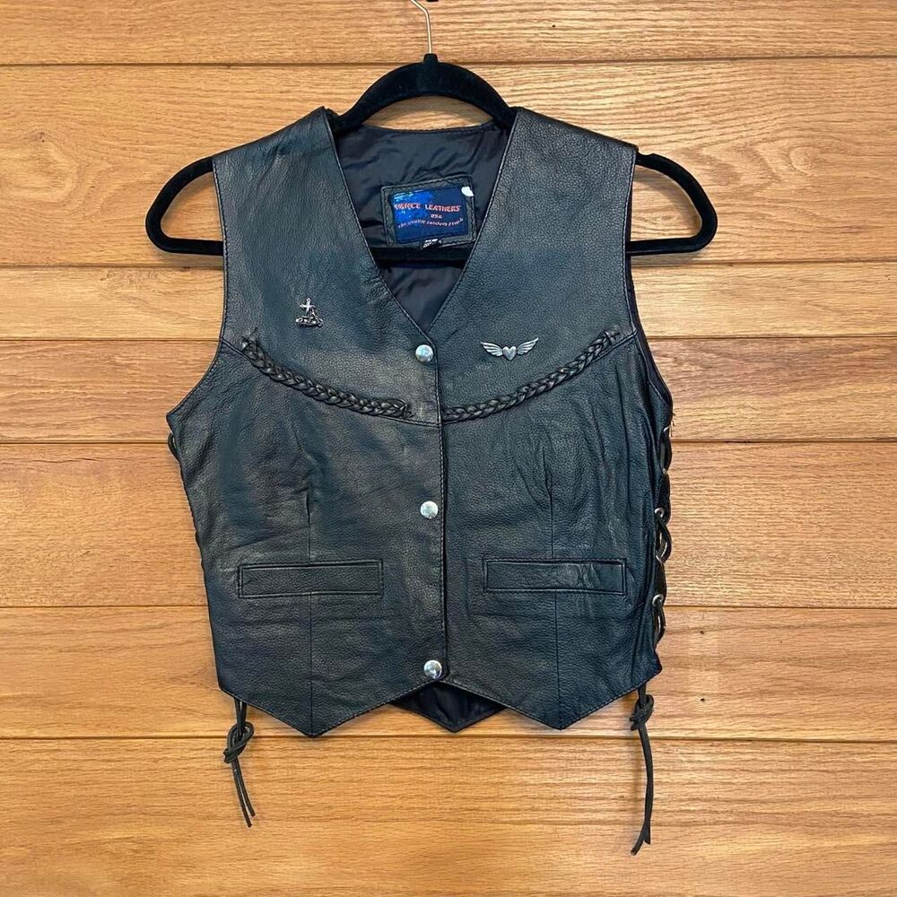 Vintage 90s Vance Leathers USA leather black "Lady Rider" patch lace up vest